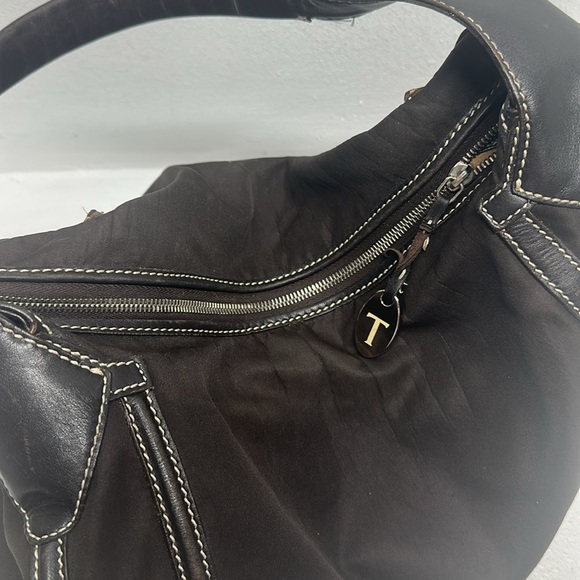 Tod's Purse Shoulder Handbag Hobo Tote Bag Leather Nylon Dark Brown Gold Large - Picture 8 of 11